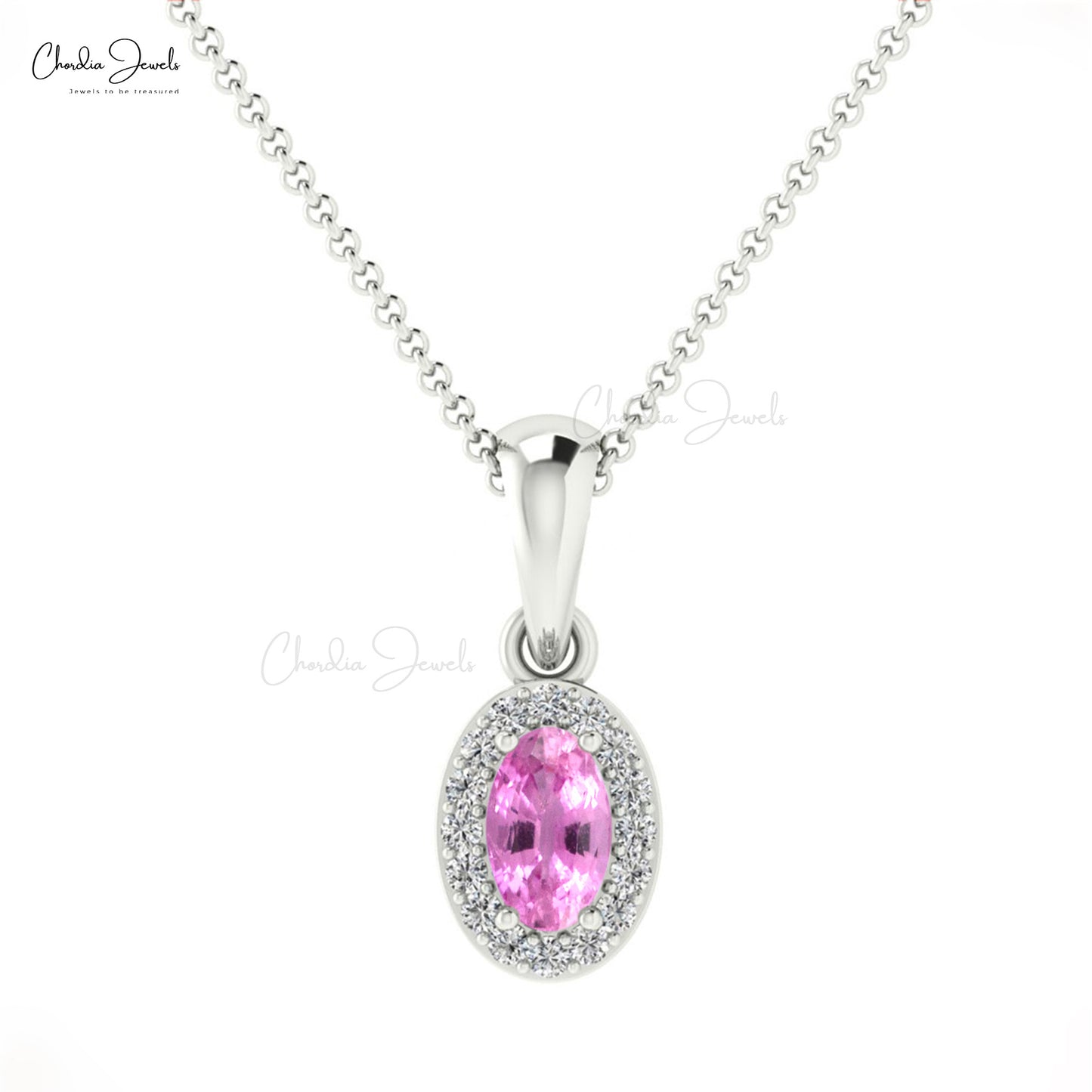Beautiful Unique Style White Diamond Halo Pendant Necklace Natural Pink Sapphire Gemstone Charm Pendant in 14k Pure Gold Birthday Gift For Sister
