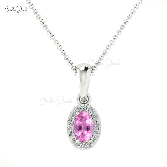 Load image into Gallery viewer, Beautiful Unique Style White Diamond Halo Pendant Necklace Natural Pink Sapphire Gemstone Charm Pendant in 14k Pure Gold Birthday Gift For Sister
