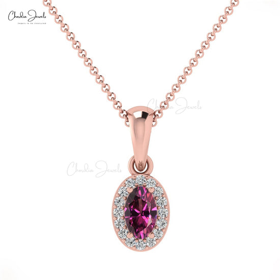 Rhodolite Garnet and Diamond Halo Pendant in 14K Gold Women Necklace
