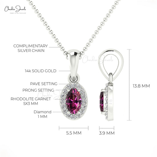 Rhodolite Garnet and Diamond Halo Pendant in 14K Gold Women Necklace