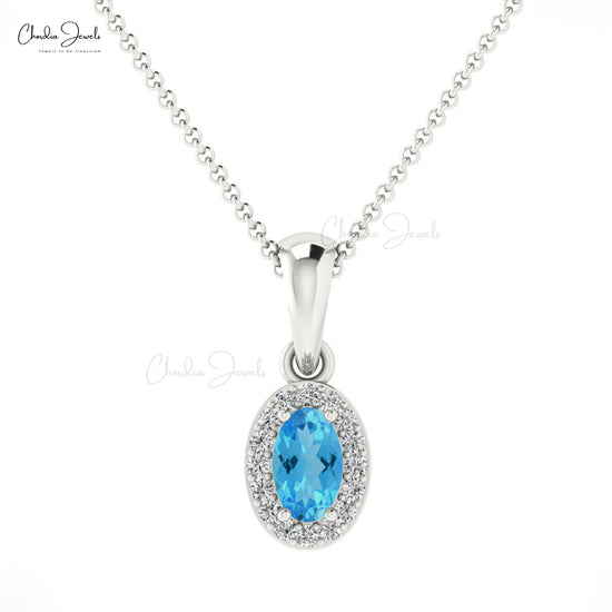 AAA Swiss Blue Topaz & Diamond Halo 14K Gold Pendant Necklace