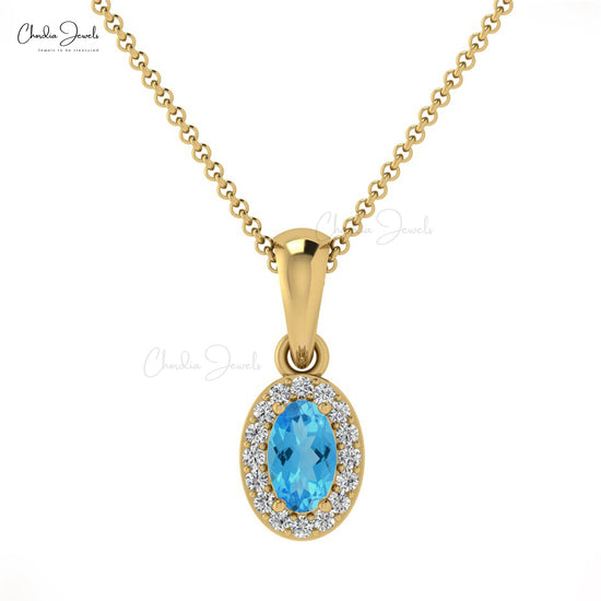 AAA Swiss Blue Topaz & Diamond Halo 14K Gold Pendant Necklace