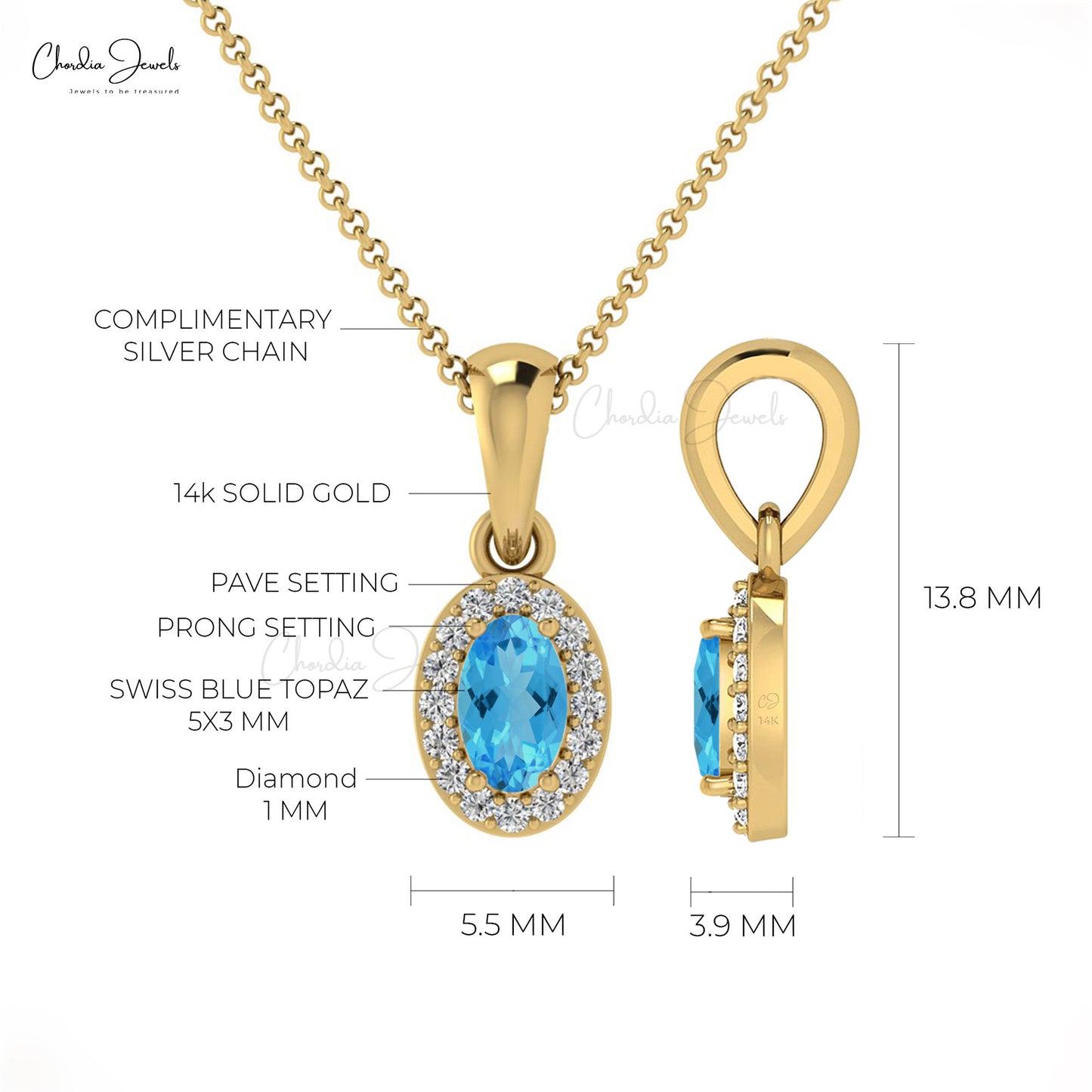 AAA Swiss Blue Topaz & Diamond Halo 14K Gold Pendant Necklace