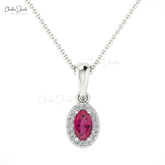 Oval Cut Pink Tourmaline & Diamond Halo Pendant 14K Gold Necklace