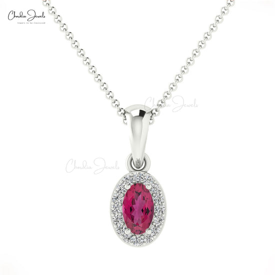 Load image into Gallery viewer, Oval Cut Pink Tourmaline &amp;amp; Diamond Halo Pendant 14K Gold Necklace
