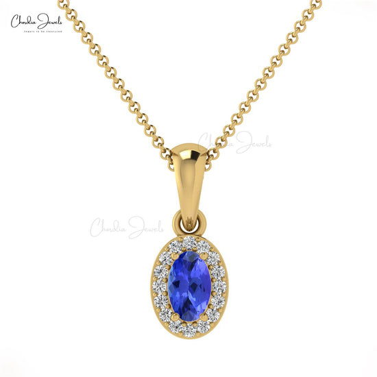 Luxury Women Simple Round Cut Diamond Halo Pendant Necklace Natural Tanzanite Gemstone Pendant in 14k Pure Gold Valentine's Day Gift For Love Ones