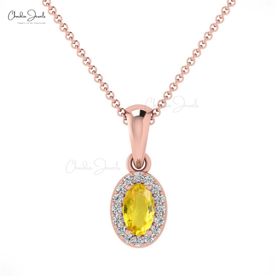 Natural Yellow Sapphire and White Diamond Halo Pendant Necklace 14k Solid Gold Light Weight Jewelry For Engagement Gift