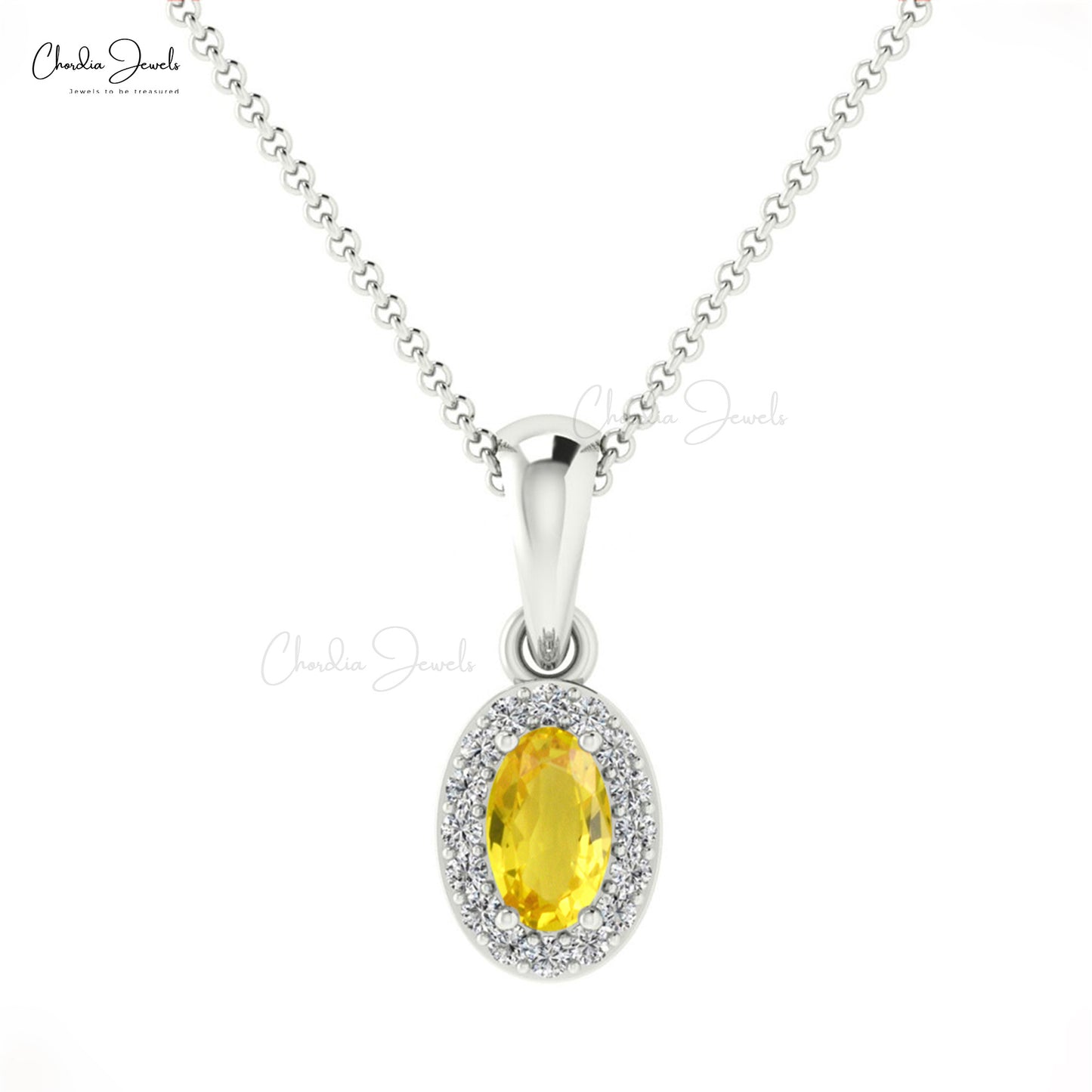 Natural Yellow Sapphire and White Diamond Halo Pendant Necklace 14k Solid Gold Light Weight Jewelry For Engagement Gift