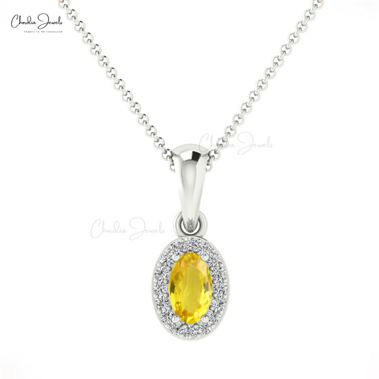 Natural Yellow Sapphire and White Diamond Halo Pendant Necklace 14k Solid Gold Light Weight Jewelry For Engagement Gift