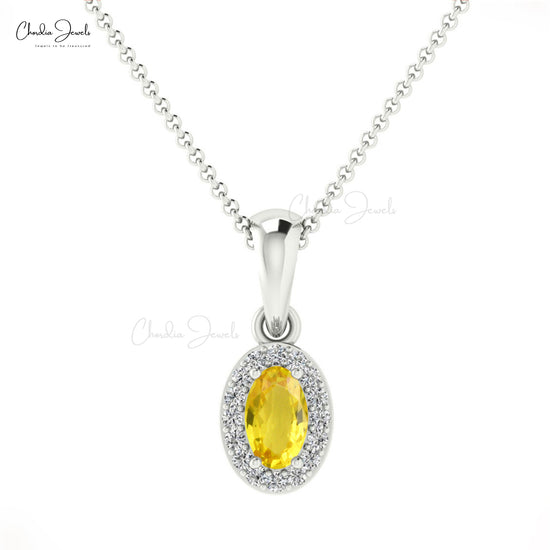 Oval Yellow Sapphire Halo Pendant With Pave Diamond 14k Solid Gold Women Necklace