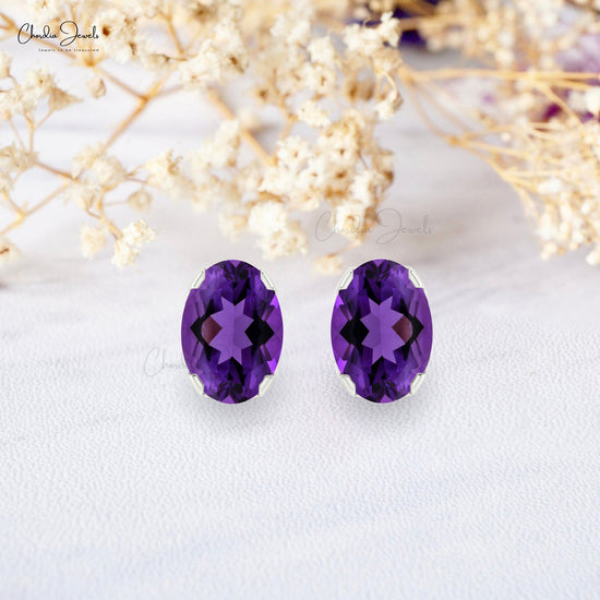 Real Amethyst 6x4MM Oval Cut Stud Earring 14k Gold