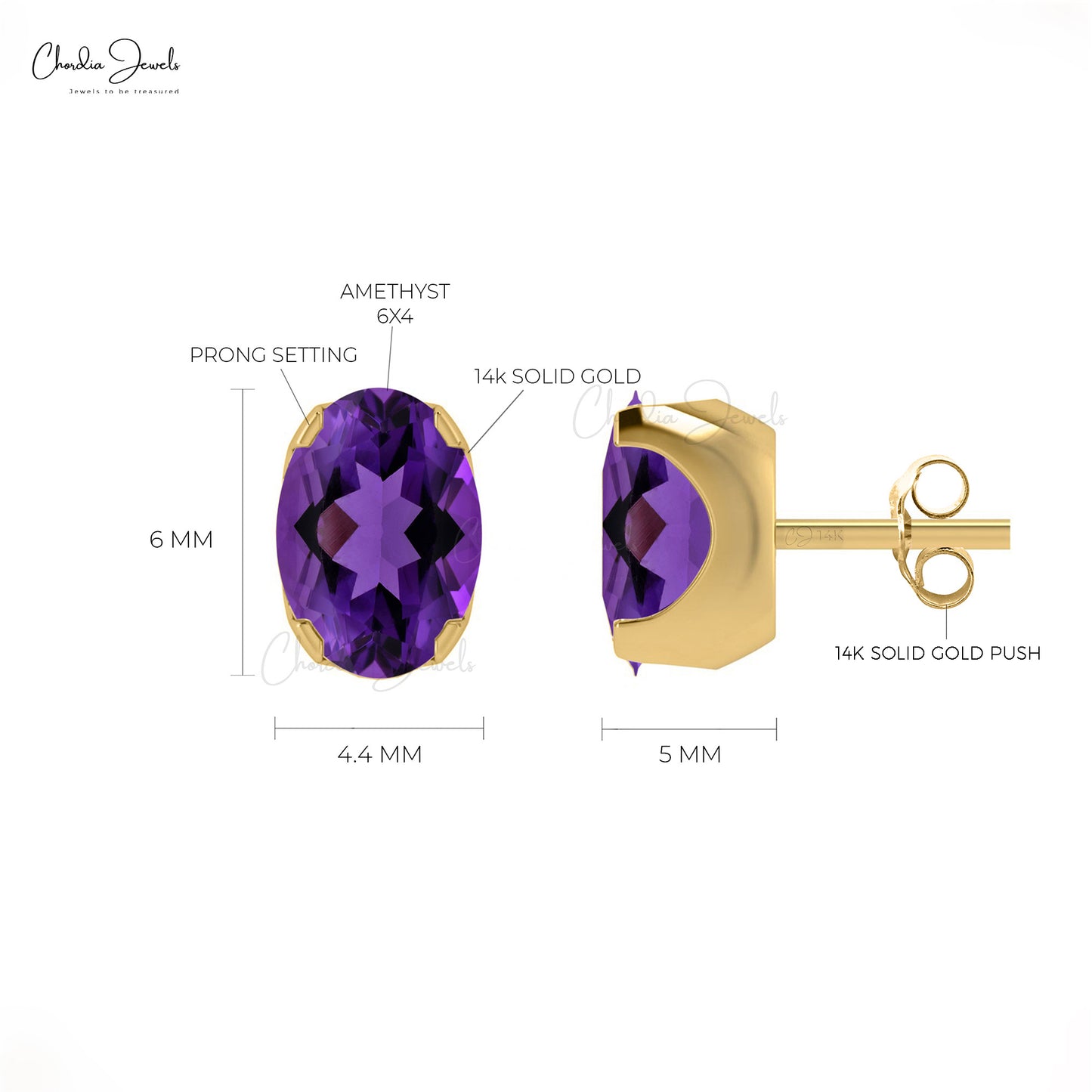 Real Amethyst 6x4MM Oval Cut Stud Earring 14k Gold