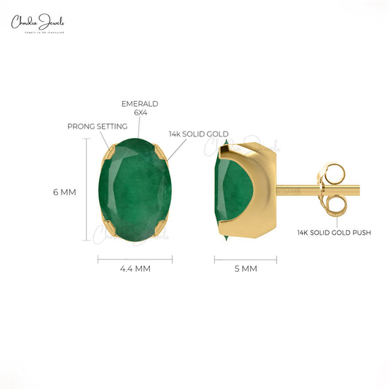 Genuine Emerald Solitaire May Birthstone Studs 14k Real Gold 6x4mm Oval Cut Gemstone Handmade Earrings