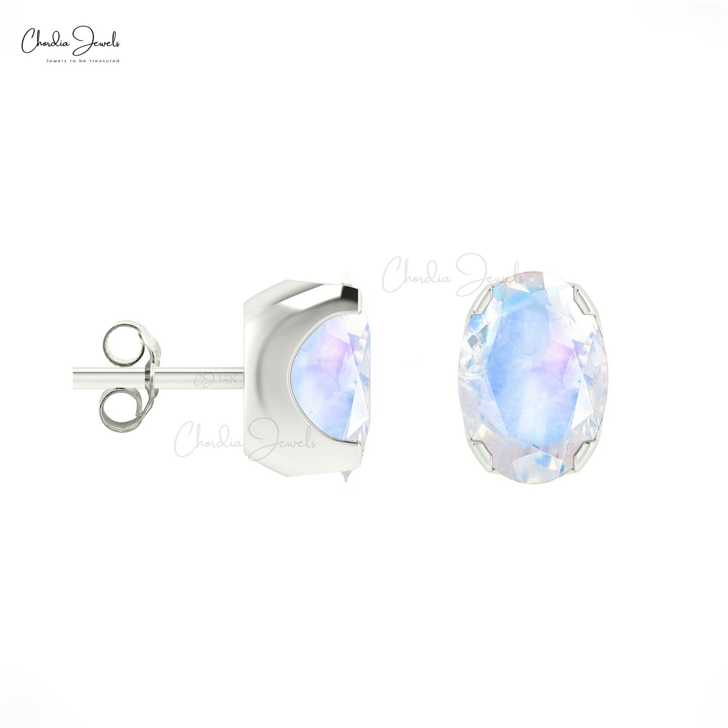 6x4mm Natural Rainbow Moonstone Prong Set Stud Earring