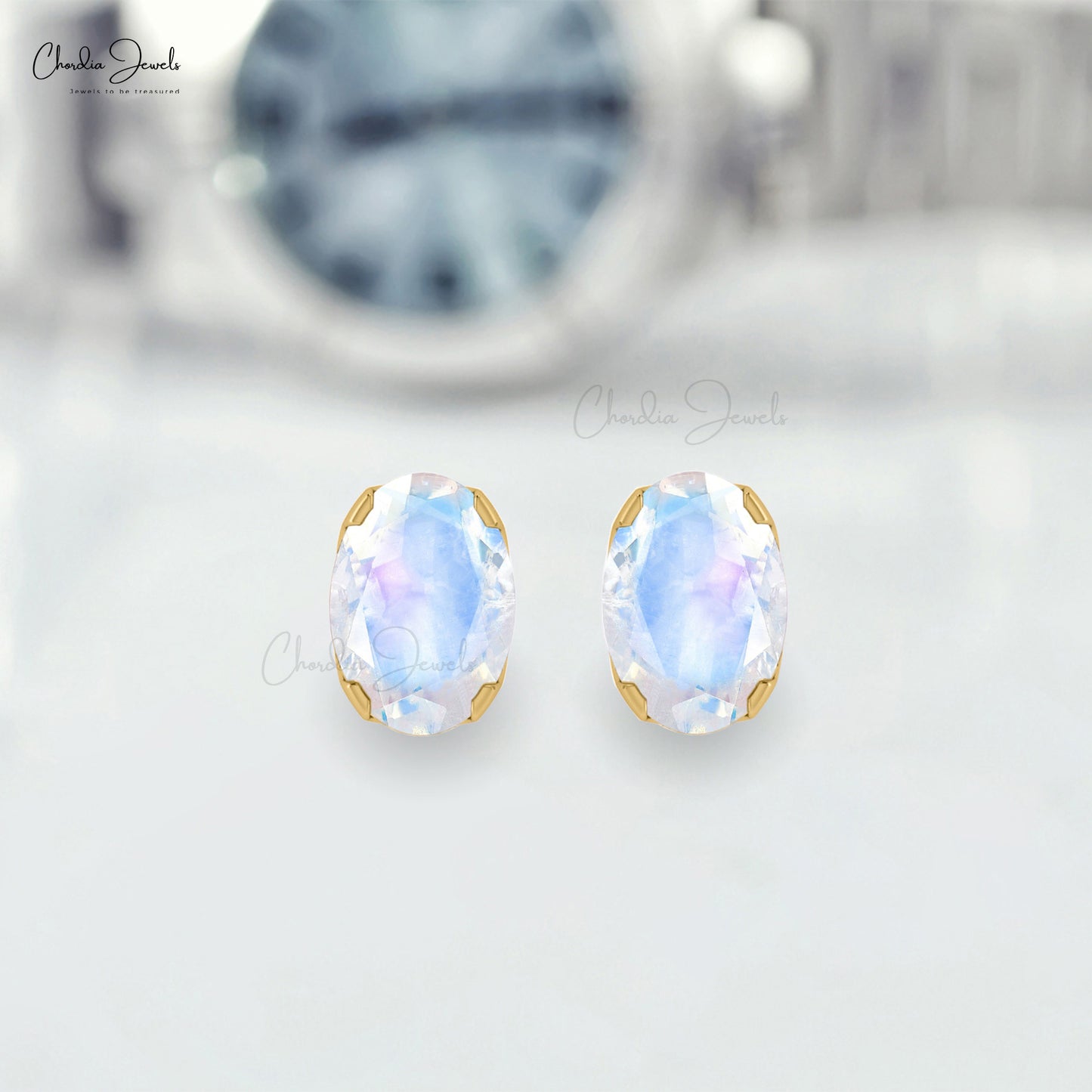 6x4mm Natural Rainbow Moonstone Prong Set Stud Earring