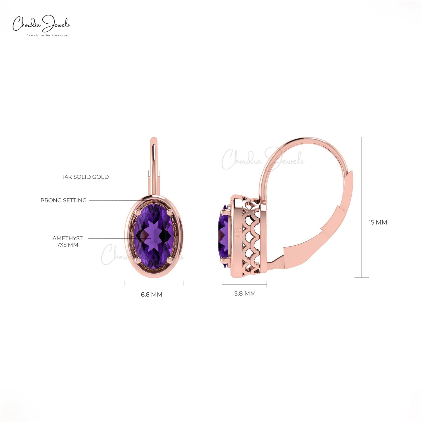 Real Amethyst Dangle Hook Earring Rose Gold