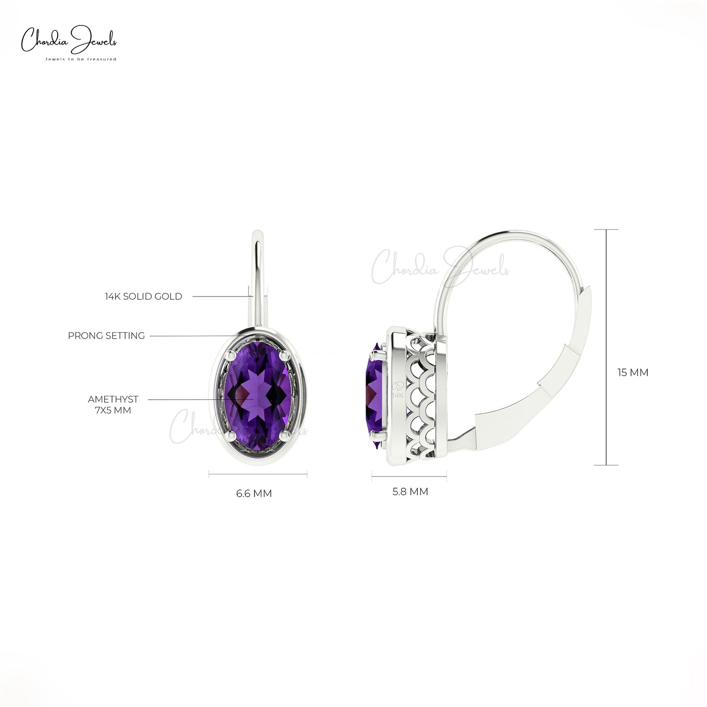 Amethyst Dangle 7x5mm Oval Faceted Lever Back Hoop Earrings for Her in 14k White Gold