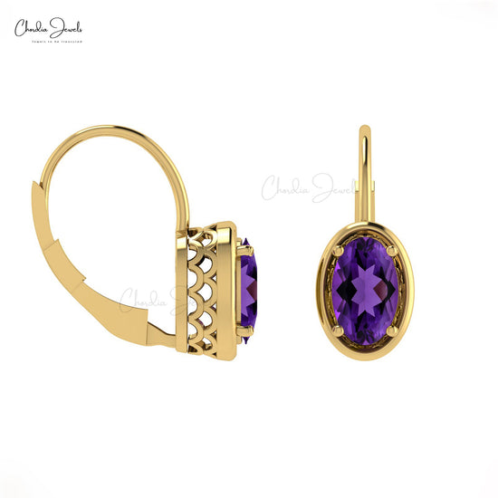 Real Amethyst Dangle Hook Earring Yellow Gold