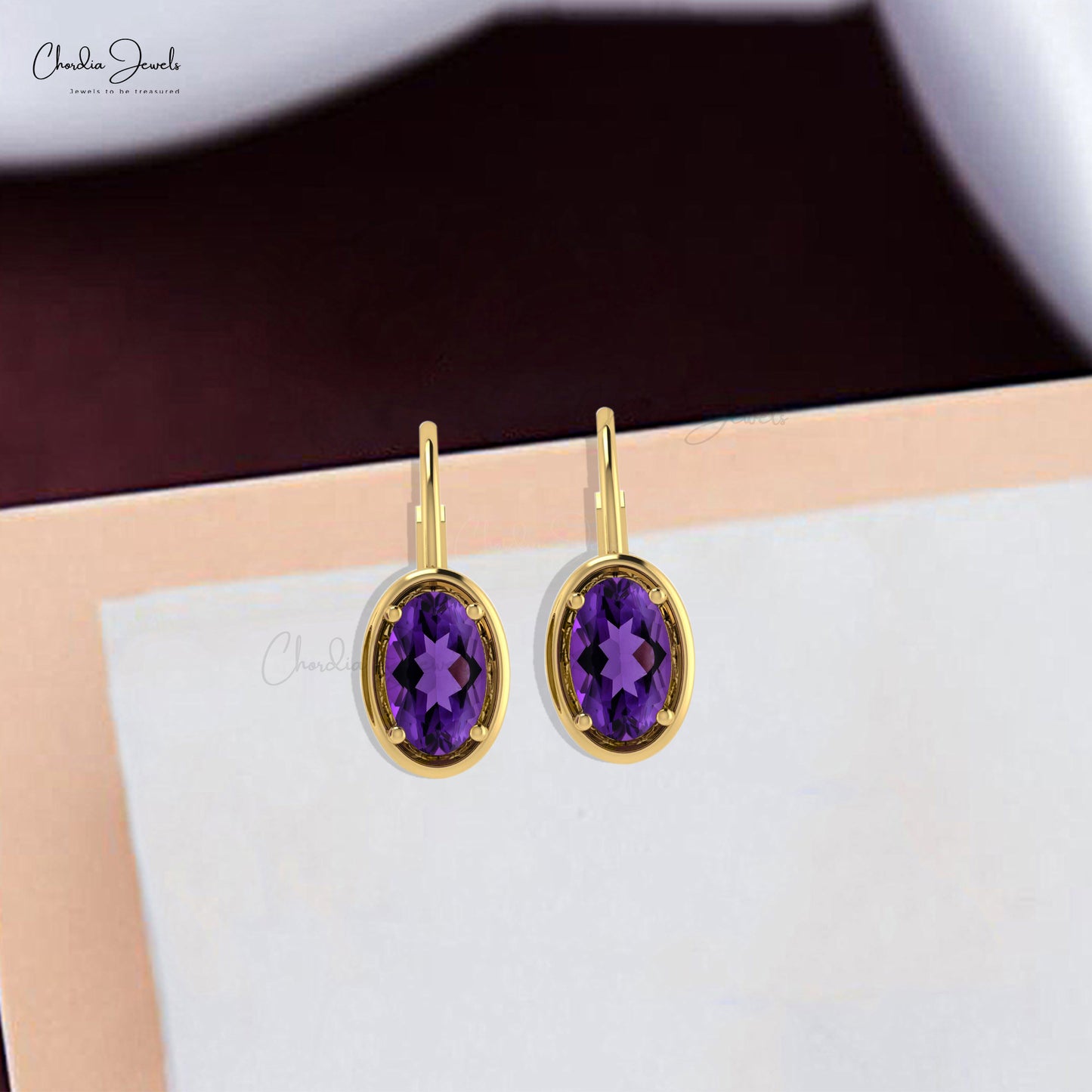 Real Amethyst Dangle Hook Earring Yellow Gold