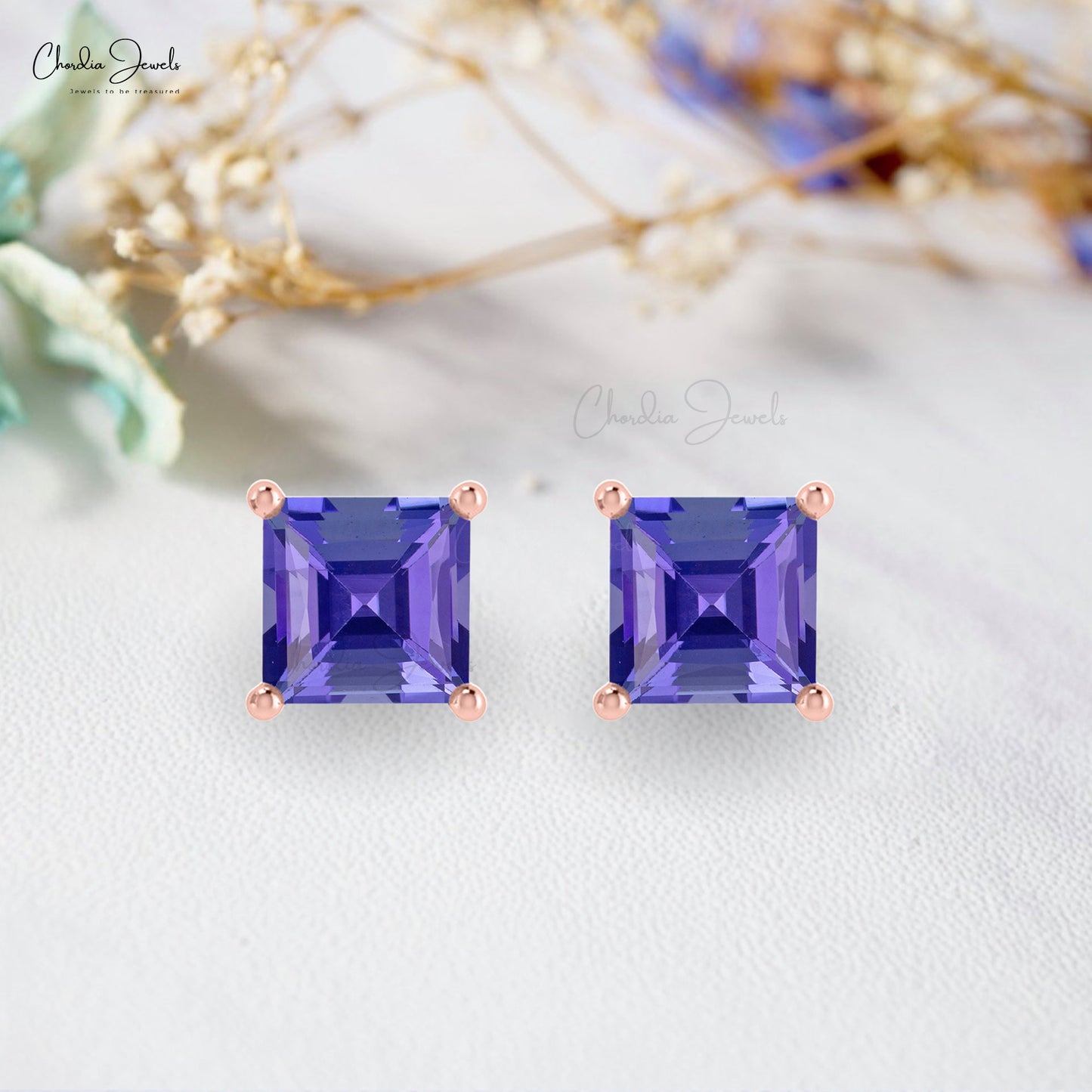 Load image into Gallery viewer, Genuine Tanzanite Solitaire Square Studs 14k Real Gold Prong Set Earring 4mm Square Cut Gemstone Hallmarked Jewelry For Women&amp;#39;s
