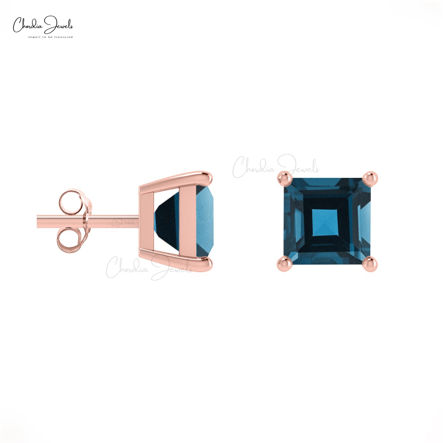 AAA Quality 4mm Square Cut Natural London Blue Topaz Studs 14k Solid Gold December Birthstone Gemstone Stud Earrings Hallmarked Jewelry For Women