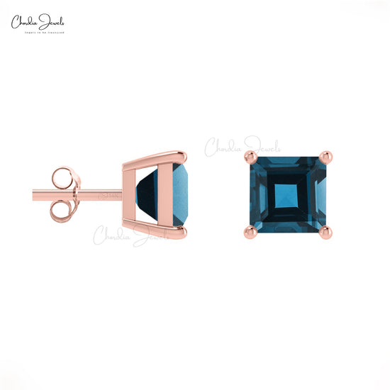 AAA Quality 4mm Square Cut Natural London Blue Topaz Studs 14k Solid Gold December Birthstone Gemstone Stud Earrings Hallmarked Jewelry For Women