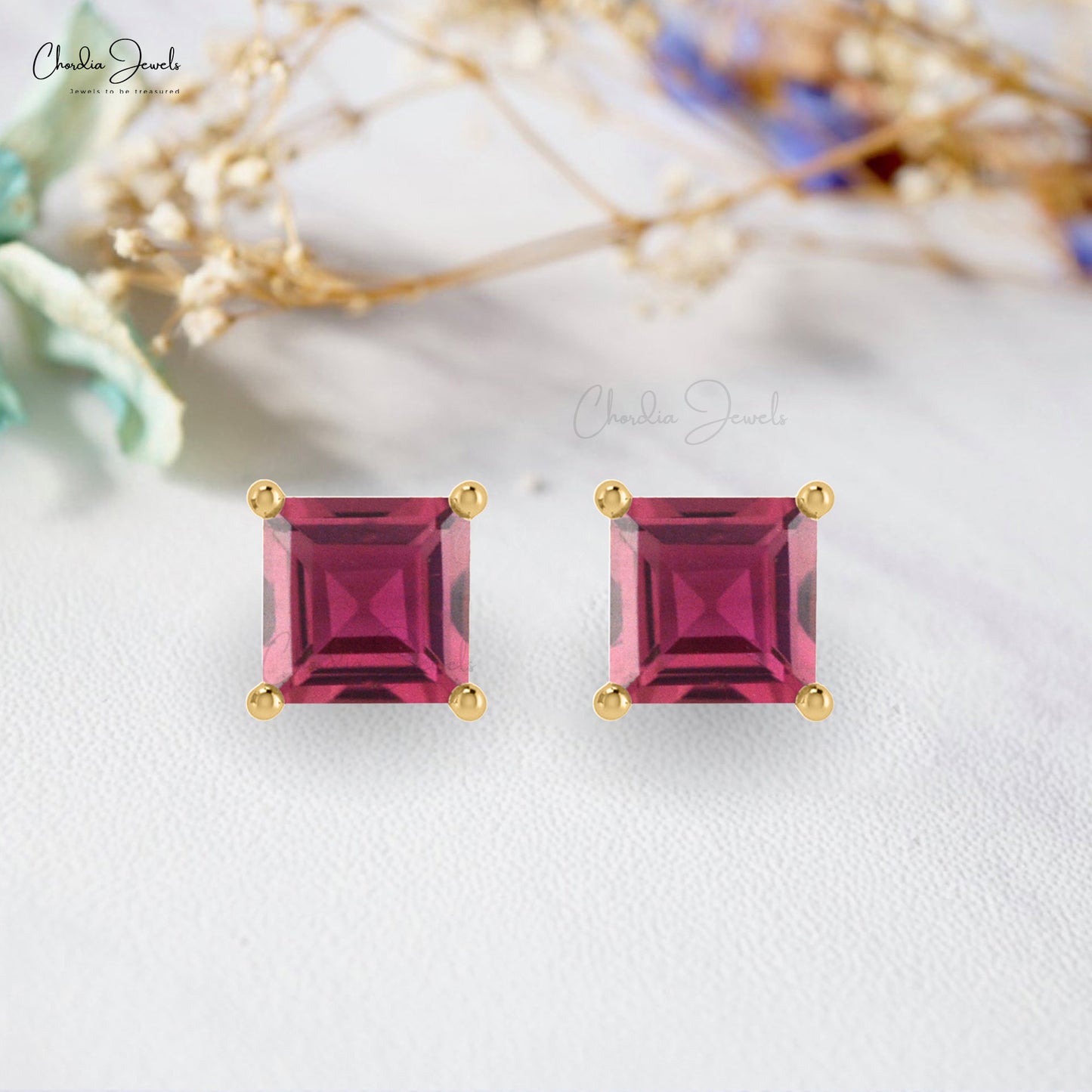 Load image into Gallery viewer, Natural Pink Tourmaline Studs Earring, 4mm Square Handmade Pink Tourmaline Studs, 14k Solid Gold Gemstone Stud Earrings Gift For Her
