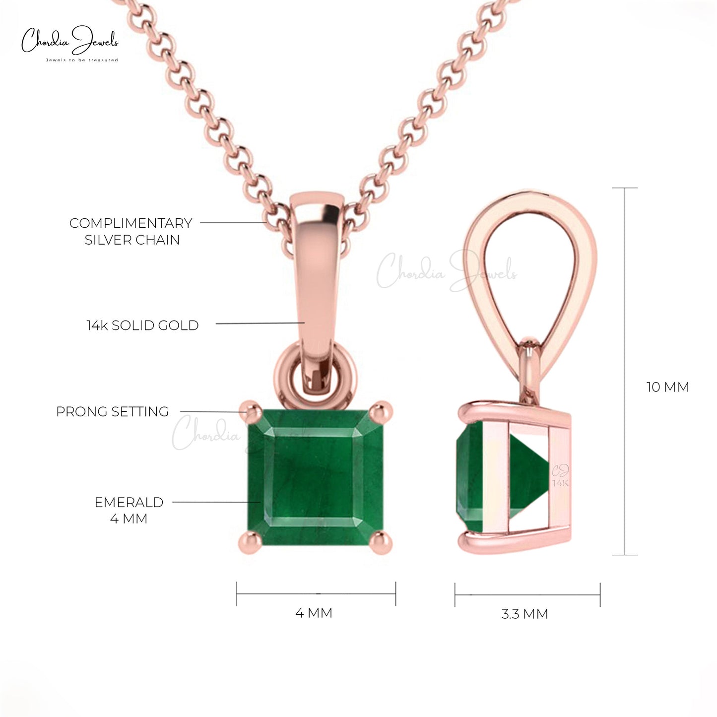 Green Emerald Gemstone Pendant Necklace in 14k Solid Gold