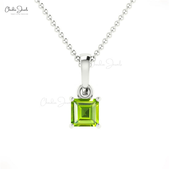 4mm Square Cut Natural Peridot Pendant For Women, 14k Solid Gold Gemstone Pendant, 0.40 Carat August Birthstone 4-Prong Set Pendant For Anniversary