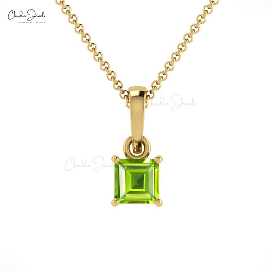 4mm Square Cut Natural Peridot Pendant For Women, 14k Solid Gold Gemstone Pendant, 0.40 Carat August Birthstone 4-Prong Set Pendant For Anniversary