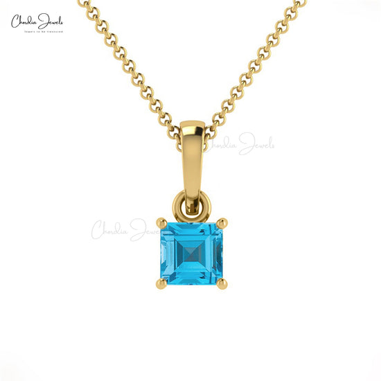 Custom Simple Gemstone Square Pendant Necklace in 14k Pure Gold Genuine Swiss Blue Topaz Necklace For Her Minimalist Jewelry For Gift