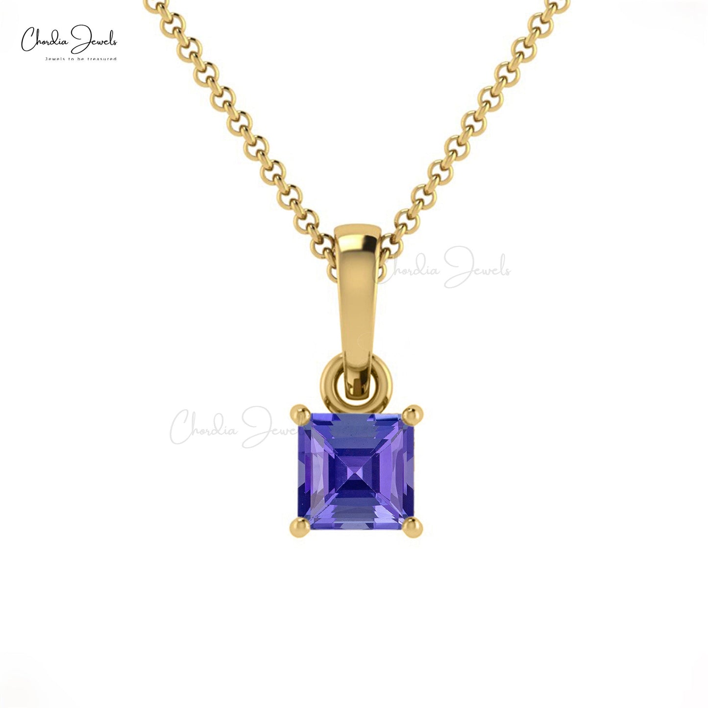Female Elegant Gemstone Pendant Necklace 4mm Square Cut Natural Blue Tanzanite Pendant 14k Pure Gold Hallmarked Jewelry For Anniversary Gift
