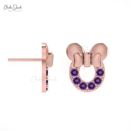 Load image into Gallery viewer, February Birthstone Stud earring 14k Rose Gold in Mickey Mouse Shape.
