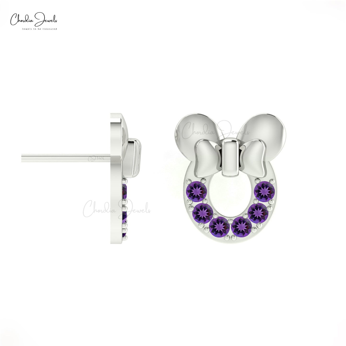 February Birthstone Stud earring 14k White Gold in Mickey Mouse Shape.