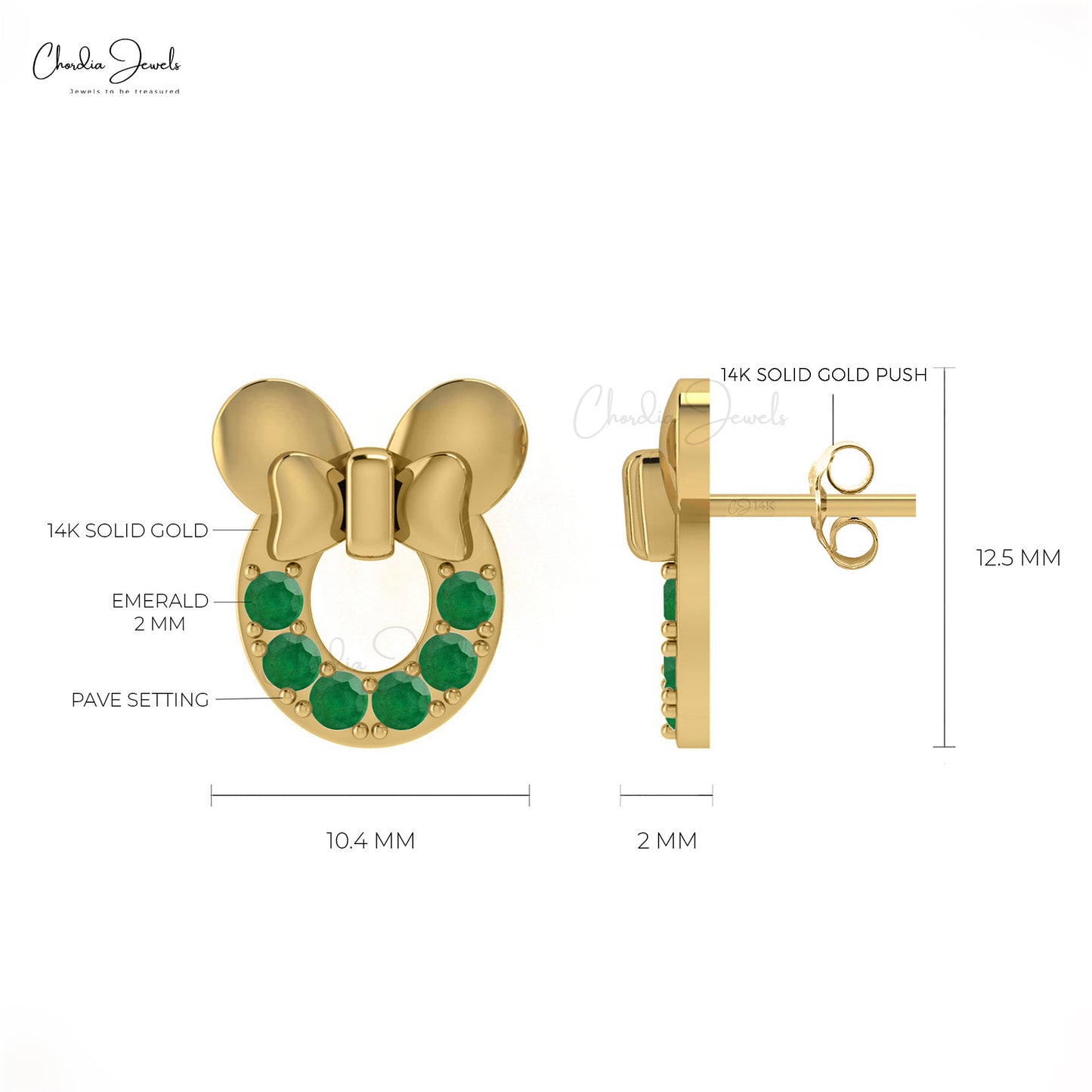 Load image into Gallery viewer, Natural Emerald 14k Real Gold 2mm Round Cut Gemstone May Birthstone Earrings Mickey Mouse Inspired Grace Jewelry For Wedding Gift

