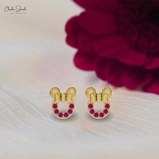 Red Ruby July Birthstone Mickey Mouse Stud Earrings in 14k Gold