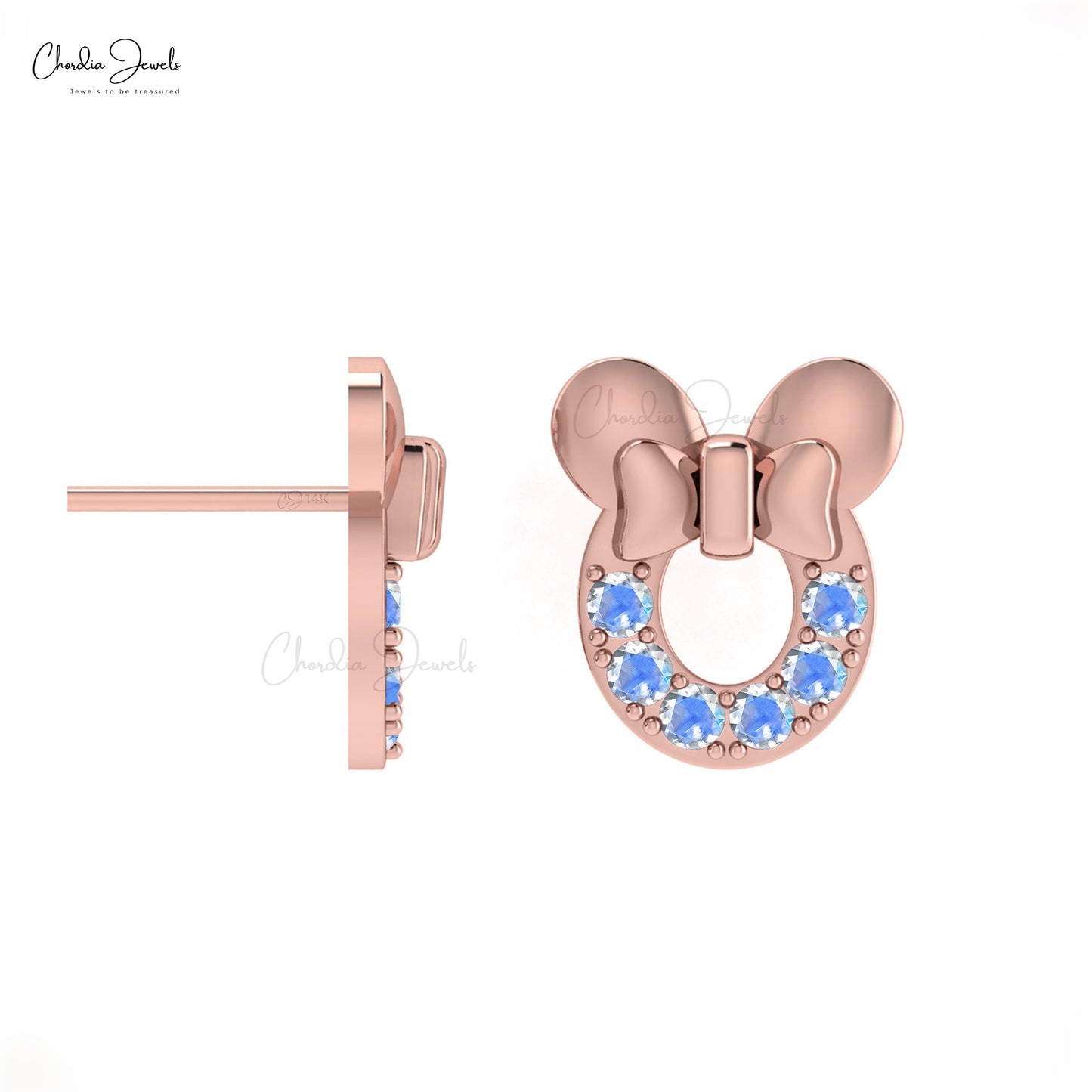 June Birthstone Rainbow Moonstone Mickey Mouse Stud Earrings In 14k Solid Gold