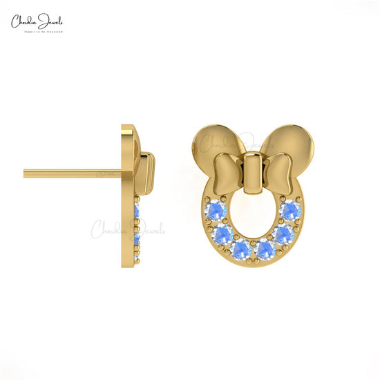 June Birthstone Rainbow Moonstone Mickey Mouse Stud Earrings In 14k Solid Gold
