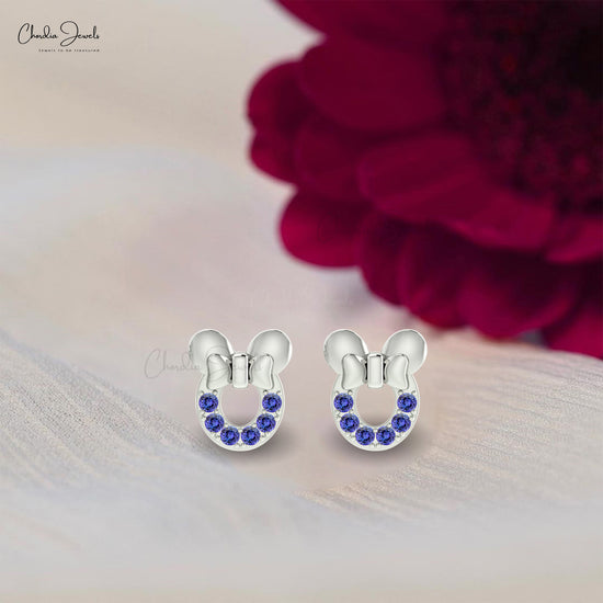 Load image into Gallery viewer, Genuine Tanzanite Mickey Mouse Earrings in 14k Gold Tiny 2mm Round Stone Delicate Earrings
