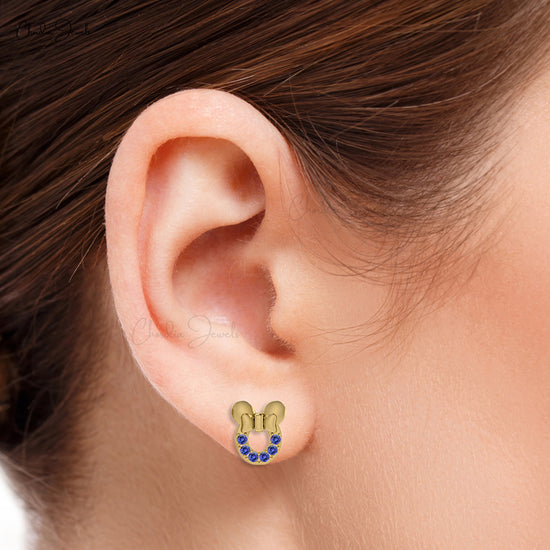 Load image into Gallery viewer, Genuine Tanzanite Mickey Mouse Earrings in 14k Gold Tiny 2mm Round Stone Delicate Earrings
