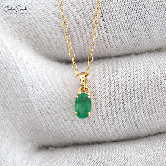 Natural Emerald Gemstone Pendant, 14k Solid Yellow Gold Emerald Solitaire Pendant, 6x4mm Oval Cut Emerald Handmade Single Stone Pendant, Gift For Her