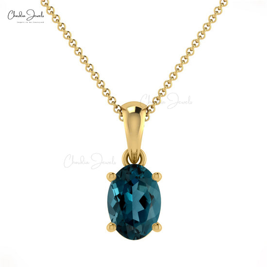 Women Trendy Oval Shape Gemstone Pendant Necklace December Birthstone Natural London Blue Topaz Pendant in 14k Pure Gold Anniversary Gift For Wife