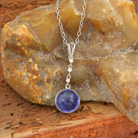 Round 9mm Cabochon Cut Authentic Tanzanite Dangling Pendant 14k Solid White Gold Bezel Set Diamond Pendant Fine Jewelry