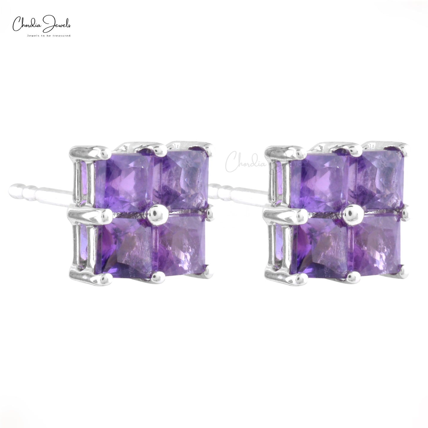 Real 14k White Gold Natural Amethyst Cluster Earrings 3mm Square Cut Gemstone Push Back Studs Grace Jewelry For February Birthstone