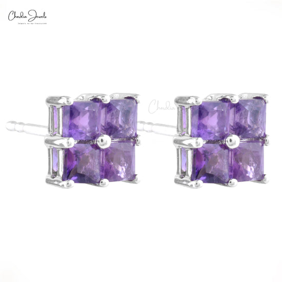 Real 14k White Gold Natural Amethyst Cluster Earrings 3mm Square Cut Gemstone Push Back Studs Grace Jewelry For February Birthstone