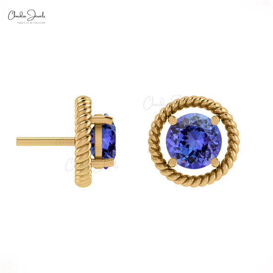 Real Blue Tanzanite Spiral Studs 14k Solid Gold Minimal Push Back Earrings 5mm Round Cut Genuine Gemstone Handmade Jewelry For Her