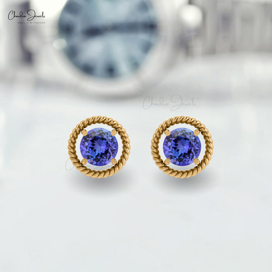 Real Blue Tanzanite Spiral Studs 14k Solid Gold Minimal Push Back Earrings 5mm Round Cut Genuine Gemstone Handmade Jewelry For Her