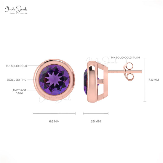 14k Solid Rose Gold Amethyst Stud Earrings