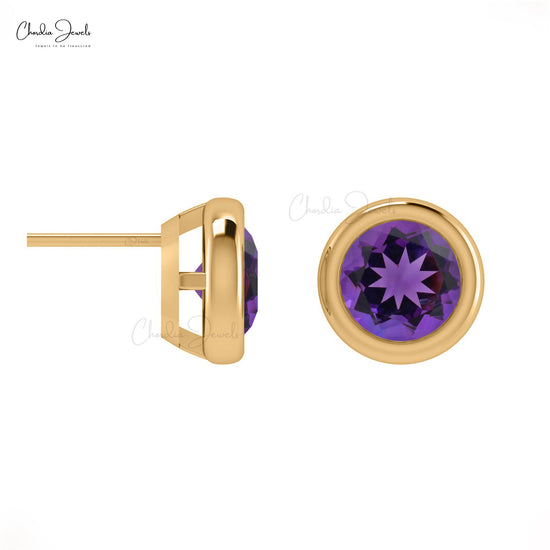 14k Solid Yellow Gold Amethyst Stud Earrings