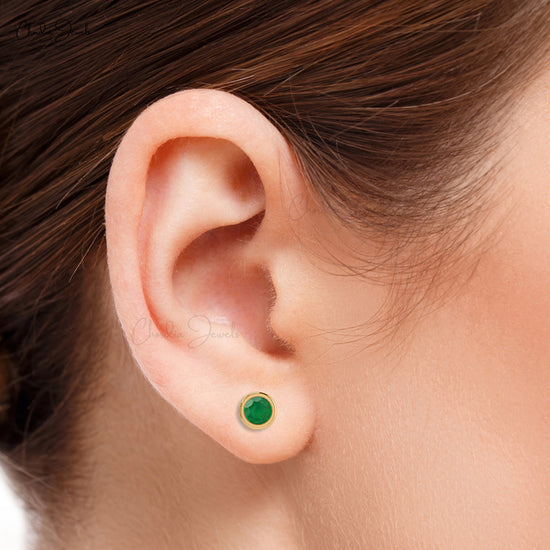 Delicate Zambia Emerald Solitaire Studs 5mm Brilliant Round Cut Push Back Earrings 14k Real Gold Minimalist Summer Jewelry